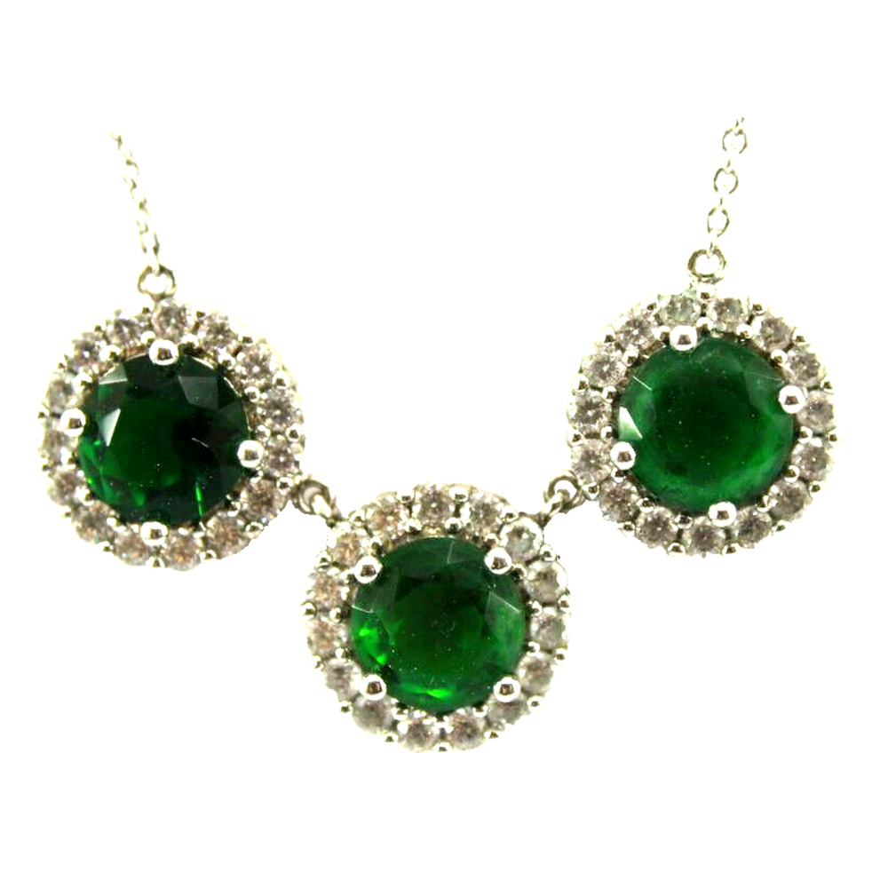 Triple Round Green Crystals & White Accent In Silvertone Necklace Marked SUN BR